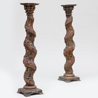 Pair of Continental Painted and Parcel-Gilt Barley-Twist Columns, Probably Italian or Spanish