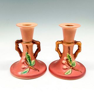 2pc Roseville Pottery Candle Holders, Snowberry Pink