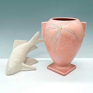 2pc Ceramic Grouping, Roseville Vase & Rookwood Flying Fish
