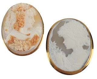 (2) ESTATE YELLOW GOLD CARVED CAMEO SHELL PENDANTS