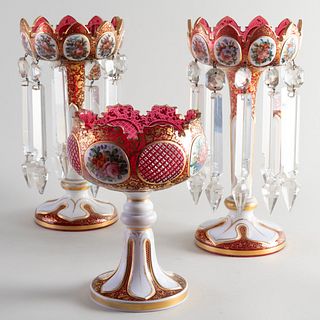 Bohemian Ruby Glass Luster Three-Piece Garniture