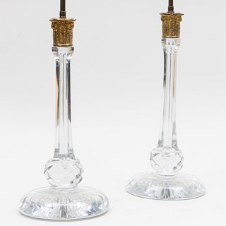 Pair of English Bronze-Mounted Glass Columnar Form Table Lamps