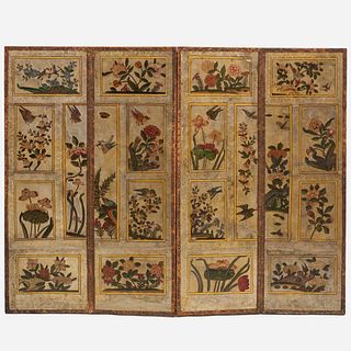 Dutch Painted Leather Four-Panel Folding Screen, in the Asian Taste