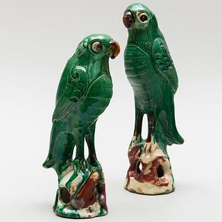 Pair of Chinese Export Green Glazed Earthenware Parrots