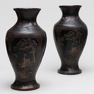 Rare Pair of Massive Italian Painted, Parcel-Gilt and Incise Decorated Baluster-Shape Papier Mâché Vases, in the Japanese Taste