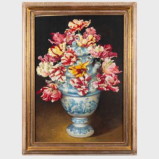 Jose Escofet (b. 1930): Parrot Tulips in Blue & White Delft Vases