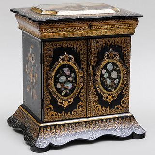 Victorian Mother-of-Pearl-Inlaid, Japanned and Painted Papier Mâché Sewing Box