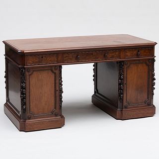 Victorian Walnut and Mahogany Pedestal Desk, Stamped Gillow