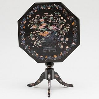 Japanese Export Mother-of-Pearl-Inlaid Black Lacquer Tilt-Top Tripod Table
