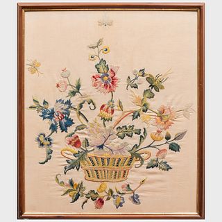 Wool and Linen Crewelwork Panel Depicting a Basket of Flowers, probably English
