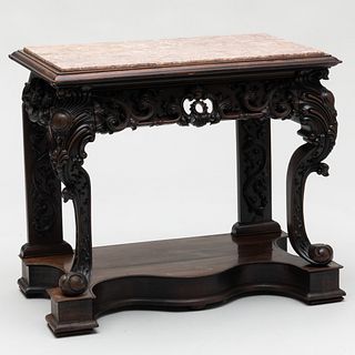 Chinese Export Carved Hardwood Console Table with Marble Top