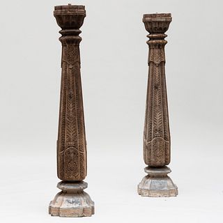 Pair of Indian Carved Teak Columns on Stone Bases