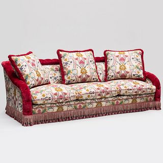  Fine Red Velvet and Polychrome Needlework Upholstered Sofa, Designed by Alberto Pinto