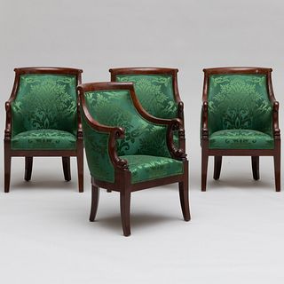 Set of Four Empire Carved Mahogany Fauteuils en Gondole, Stamped Jacob Freres Rue Meslee