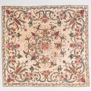 Early Continental Linen Polychrome and Metallic Embroidered Bedcover
