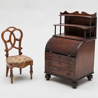 Miniature Regency Mahogany and Ebonized Roll-Top Desk and a Miniature Victorian Side Chair