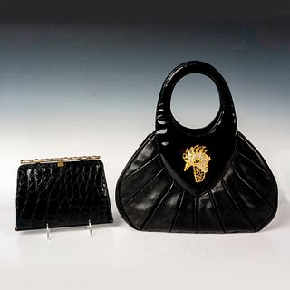2 Handbags, Cara Lopez Black Leather, Black Alligator Clutch