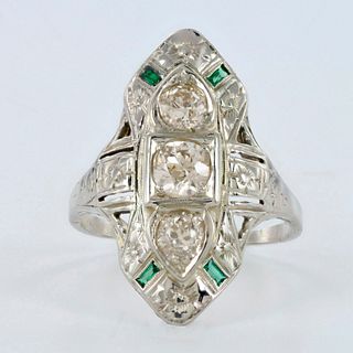 Art Deco 18K White Gold, Emerald, and Diamond Ring