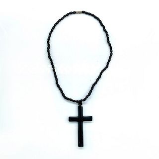 Classic Glossy Black Glass Beads and Cross Pendant Necklace