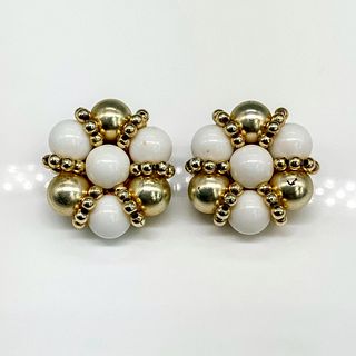 Cute White and Gold Bead Cluster Clip-On Earrings