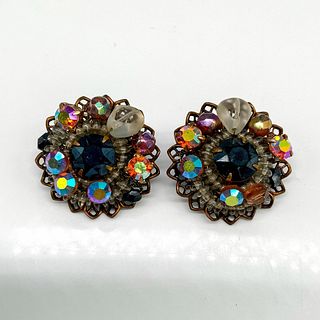 Vintage Iridescent Bead Cluster Brass Clip-On Earrings