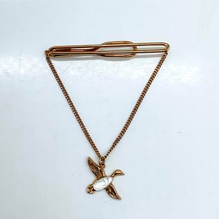 Swank Gold Metal Mother of Pearl Hanging Bird Tie Clip