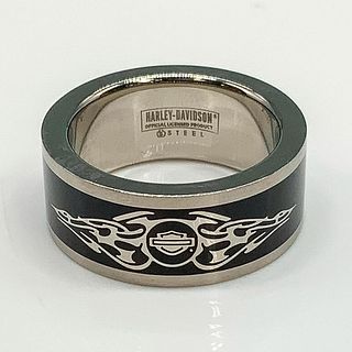 Harley Davidson Black and Silver Tone Steel Band Ring