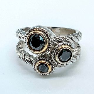 Unique Silver and Gold Tone with Black Rhinestones Ring
