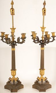 Pair French Restoration Gilt Bronze Candelabra Lamps