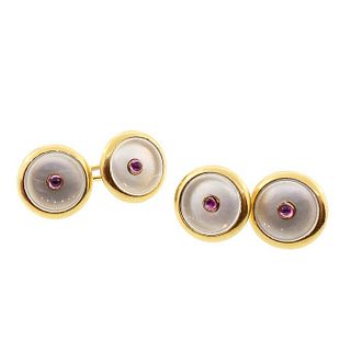 Edwardian 18K Gold Pink Sapphire & Mother-of-Pearl Double Cufflinks