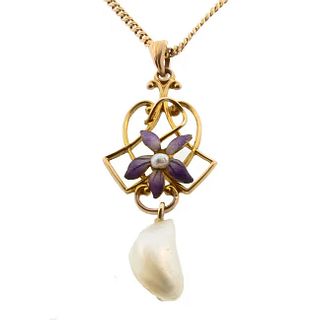 Art Nouveau 10K Gold Enamel & Pearl Pendant Necklace