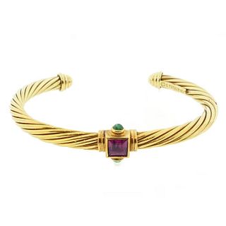 Yurman 14K Renaissance Rhodolite Garnet Emerald Bangle Bracelet