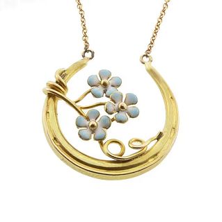 Art Nouveau 14K Gold & Enamel Good Luck Horseshoe Pendant Necklace