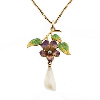 Art Nouveau Enameled Violet Pearl & 14K Gold Pendant Necklace