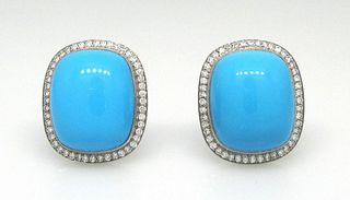 Radiant Persian Turquoise Pave Diamond 18k Post and Clip-On Earrings