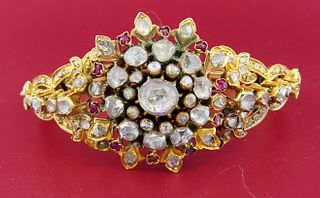Victorian ROSE CUT DIAMOND RUBY YELLOW GOLD BANGLE BRACELET