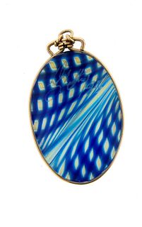 14k Yellow Gold & Hand Painted Glass Pendant Circa 1970s