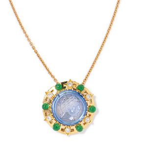 18K YELLOW GOLD SAPPHIRE & DIAMOND NECKLACE, 8.80 dwt., .21ct.TW ROUND WHITE Diamonds 14.55ct.TW CARVED SAPPHIRE BLUEÂ  .76ct.TW CABOCHON EMERALD GREE