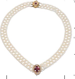 18K YELLOW GOLDÂ  DIAMOND & MULTI COLOR STONE NECKLACE, 21.90 dwt., 1.50ct.TW ROUND WHITE Diamonds 1.00ct.TW PEAR SHAPE RUBY Â  .00ct.TW BEAD PEARL WH
