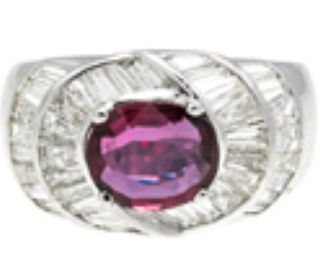 18K WHITE GOLD RUBY & DIAMOND RING, 4.40 dwt., 1.98ct.TW TAPERED BAGUETTE WHITE Diamonds 1.51ct.TW OVAL RUBYÂ  Center Stone Size7.00