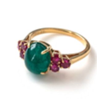 18K YELLOW GOLD FRENCH MULTI COLOR STONE RING, 2.30 dwt., .86ct.TW ROUND RUBY REDÂ  2.71ct.TW CABOCHON EMERALD GREENÂ  Size6.50
