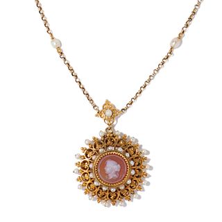 18K YELLOW GOLD MULTI COLOR STONE NECKLACE, 15.10 dwt., .00ct.TW BEAD PEARL WHITEÂ  .00ct.TW ROUND CARNELIAN Â  Size21.00