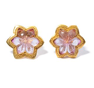 22K YELLOW GOLD INDIAN TOURMALINE EARRINGS, 16.40 dwt., .00ct.TW CARVED TOURMALINE PINKÂ  Size1.00