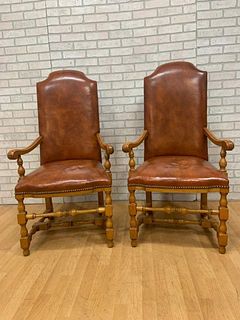Upholstered Antique George III Style High Back Carved Armchairs by Century Chair Co. - Pair