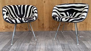 Upholstered Mid Century Modern Eames La Fonda Chairs by Herman Miller Zebra Print Cow Hide - Pair
