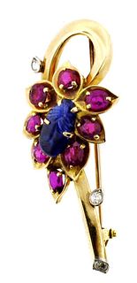 Cartier 14k Yellow Gold, Carved Sapphire, Ruby & Diamond Brooch C. 1950s