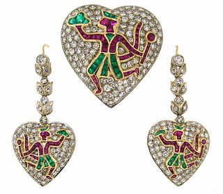 Art Deco DIAMOND RUBY EMERALD PLATINUM GOLD EARRINGS PIN SET