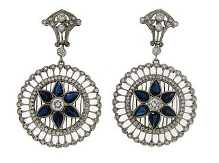 Sapphire Diamond Platinum Dangle EARRINGS Art Deco Revival 1960s