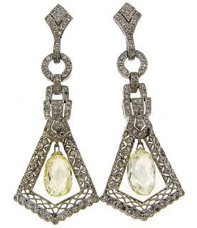 Diamond Briolette White Gold Dangle EARRINGS 1930s Feminine
