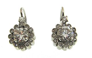 Deco Palladium 18k White Gold Diamond Stud Cluster Flower Earrings